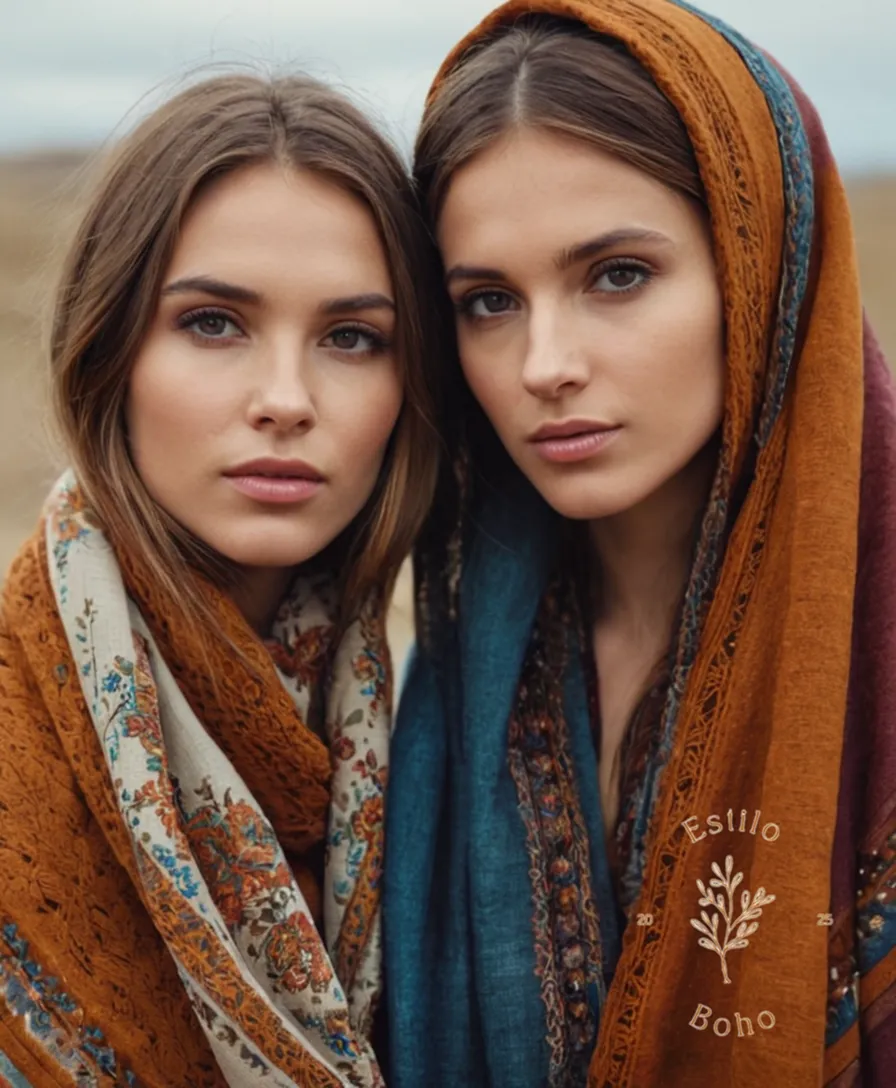 5 stylish models posing with bohemian-inspired shawls.