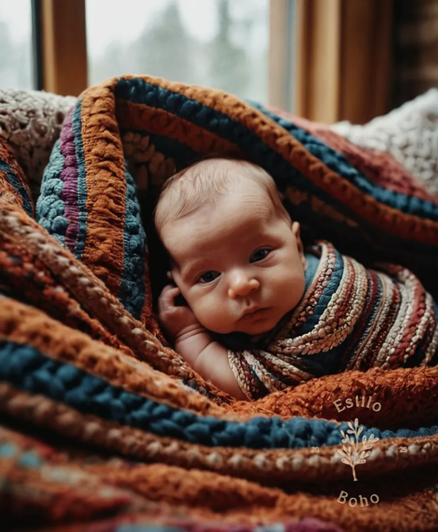 A newborn snuggled up in bohemian-inspired blankets.