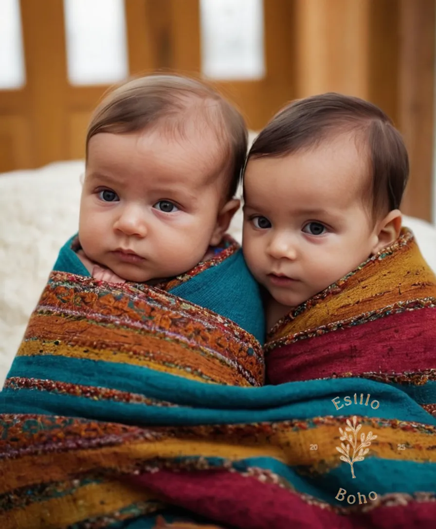 2 adorable newborns wrapped in colorful bohemian blankets.