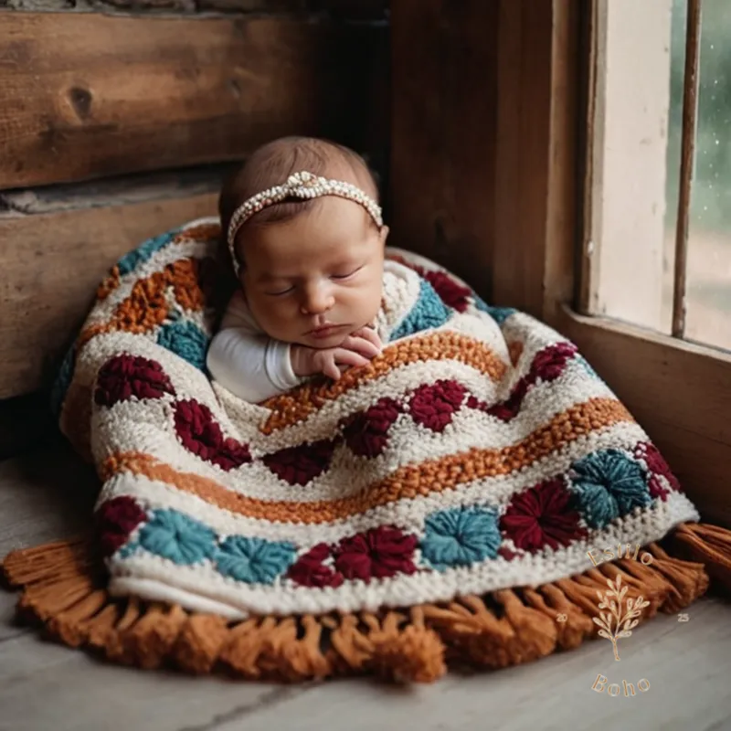 A beautiful, high-quality bohemian blanket with newborn photography props.