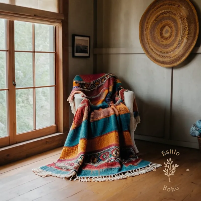 A soft, colorful bohemian throw blanket in a laundry context.