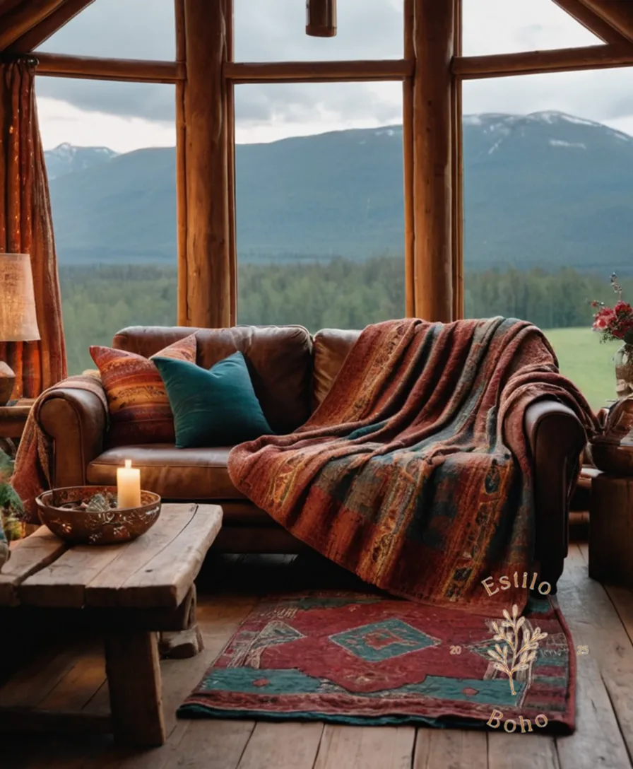 Oversized, bohemian blankets draped over a cozy cabin sofa.