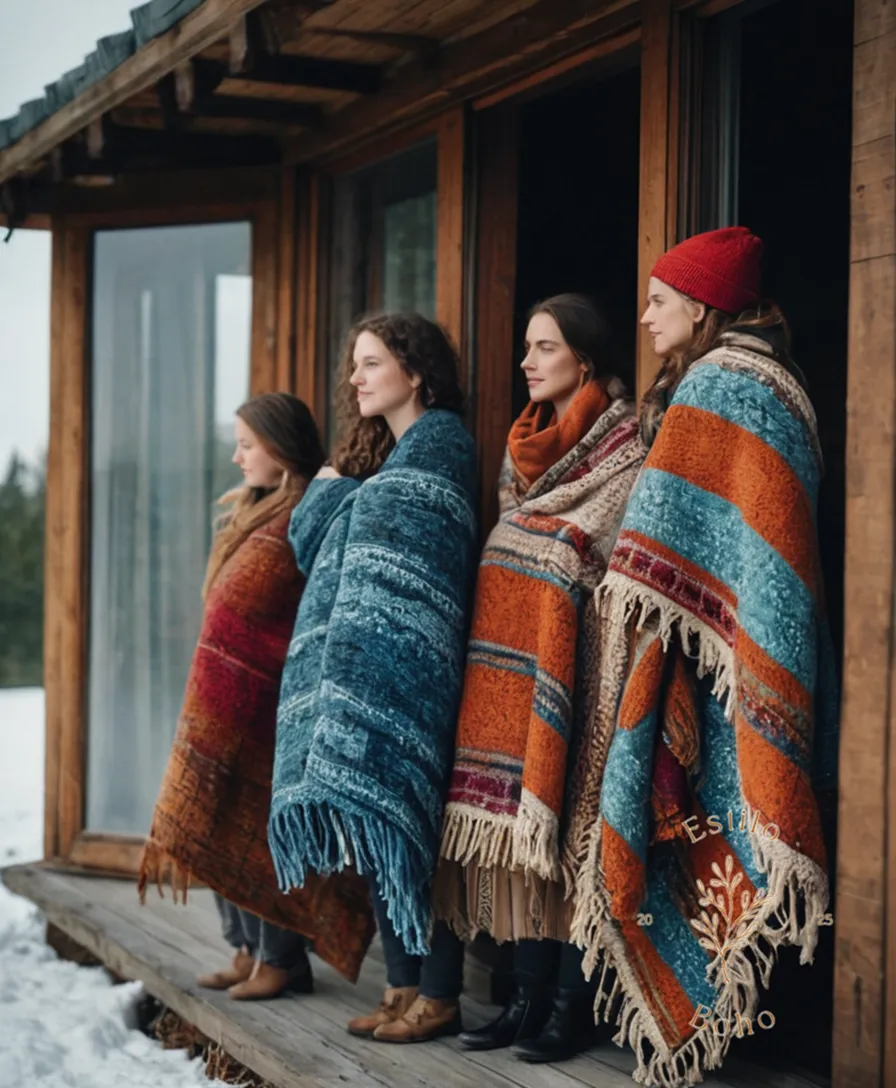 3 people wrapped in chunky, bohemian blankets in winter.