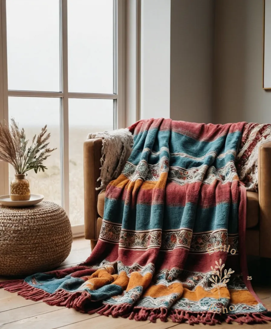A beautiful plush bohemian throw blanket in soft, natural colors.