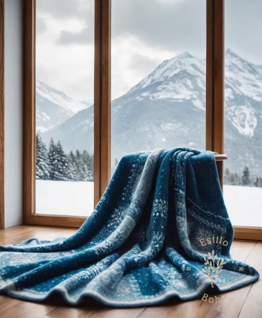 A merino wool manta with snowy winter scene.