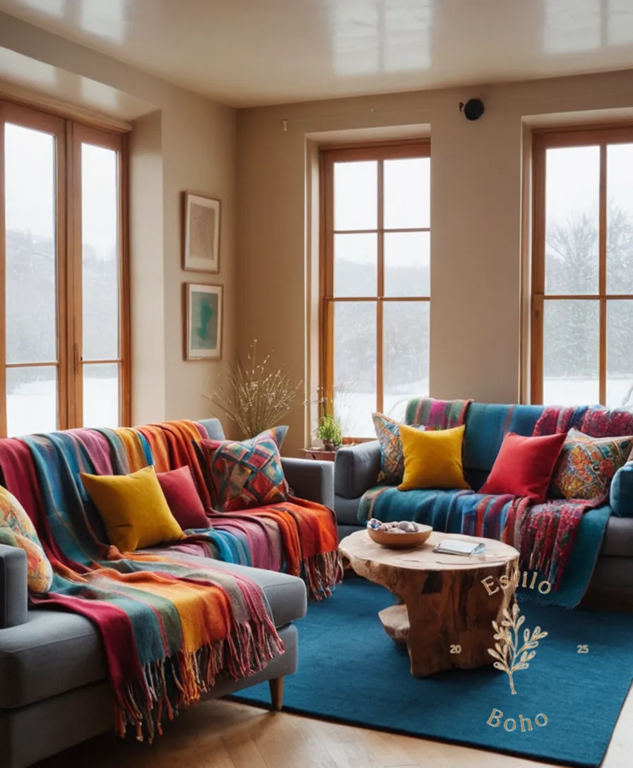 2 stylish sofas draped with colorful, cozy recycled wool blankets.