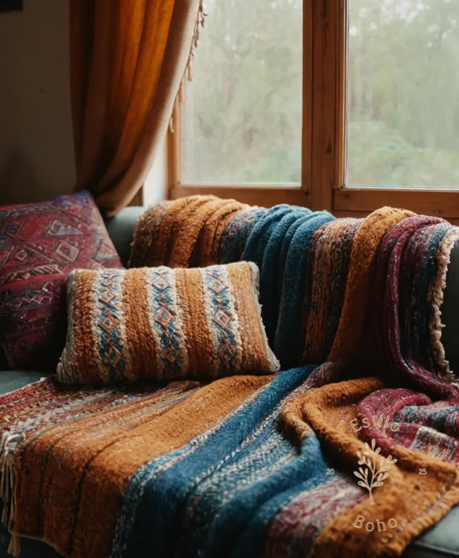 A bohemian-style sofa adorned with recycled wool throw blankets.