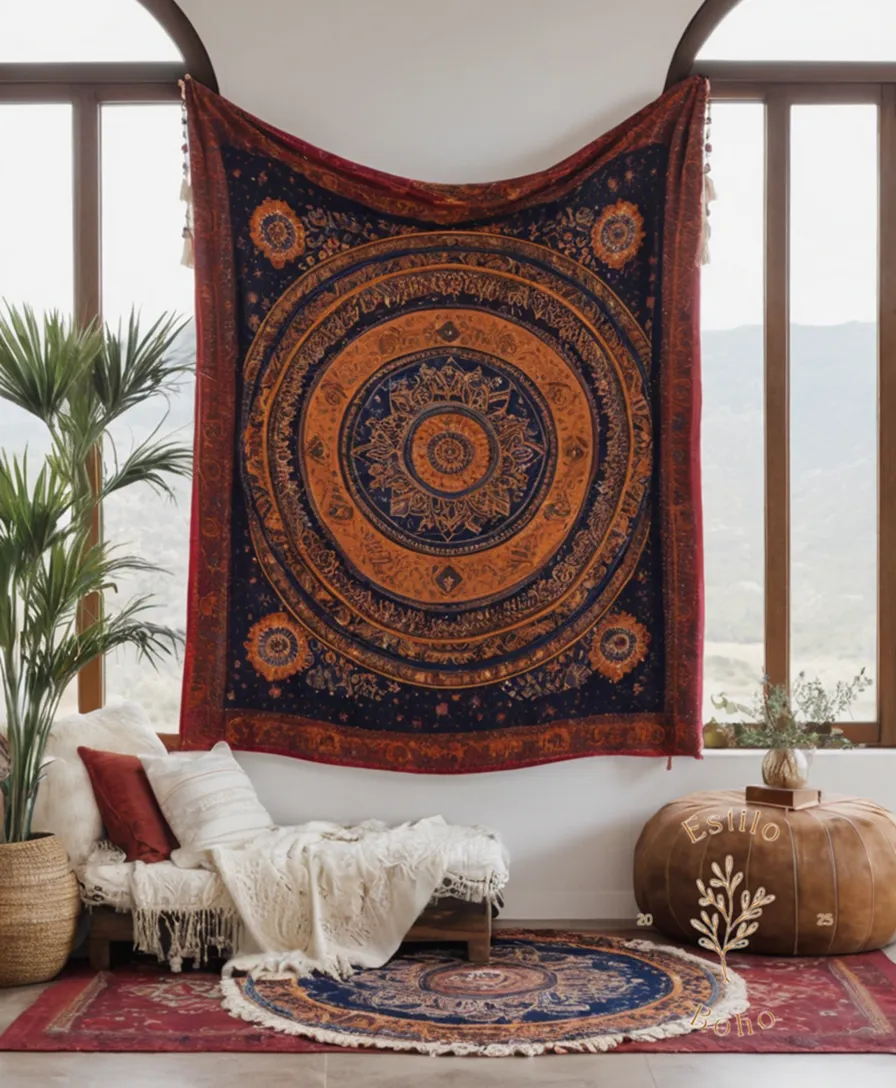 2-3 boho throw blankets with lunar motifs and an ambient background.