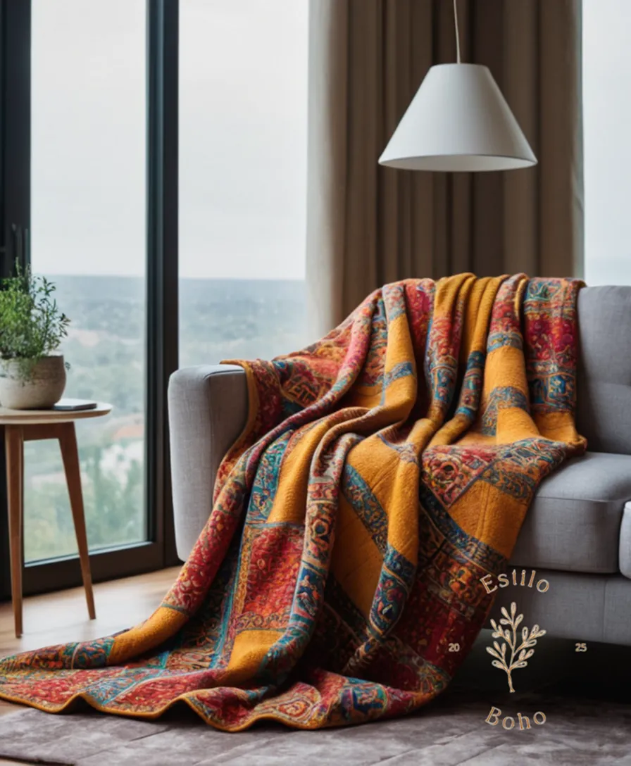 A vibrant, patterned blanket draped elegantly over a modern living room.
