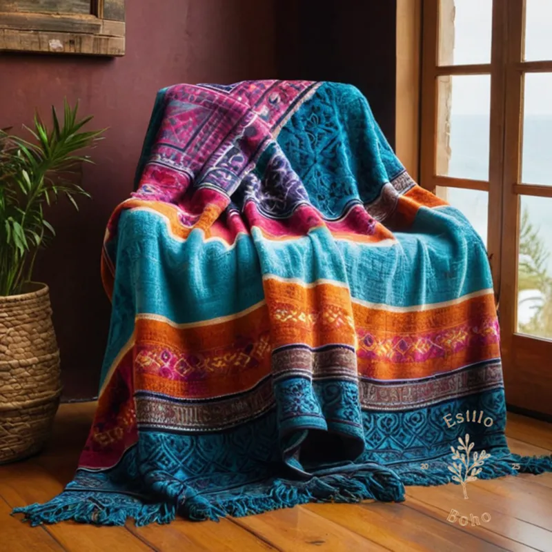 Vibrant bohemian throw blanket being hand-washed in a serene environment.