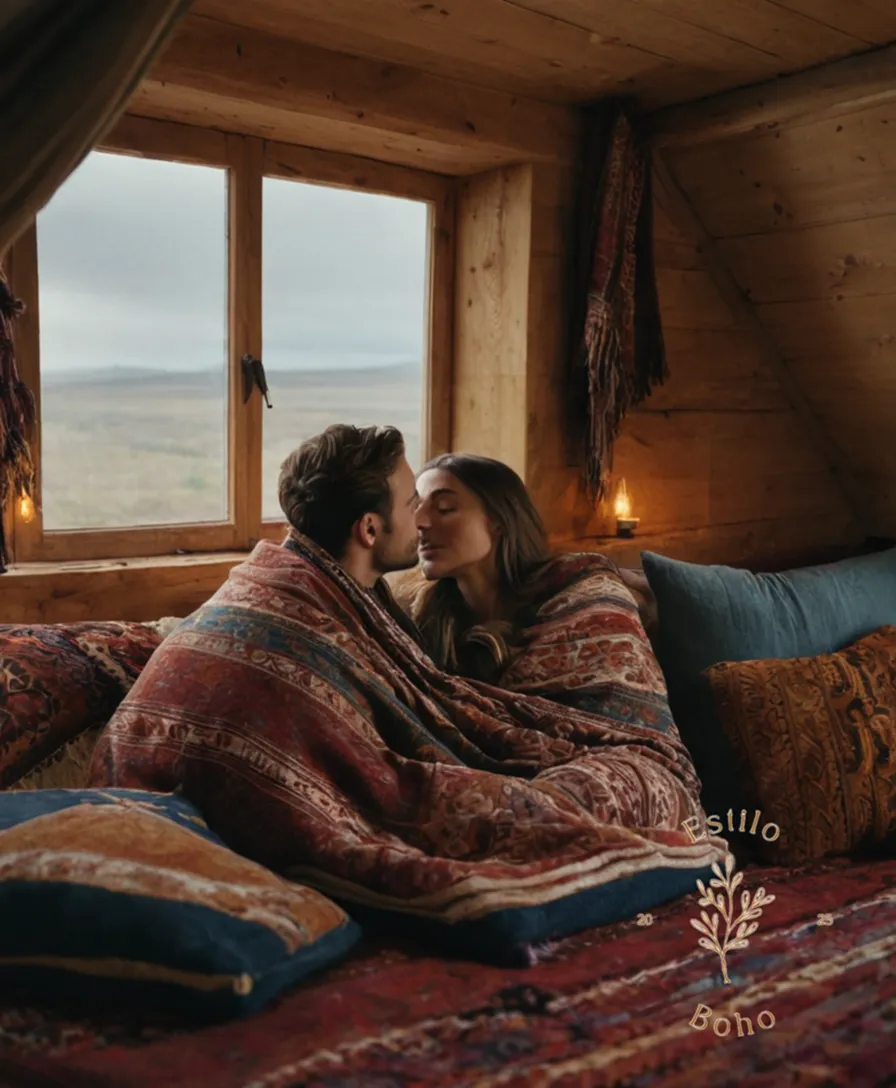 2 people romantically snuggled up under bohemian throws.