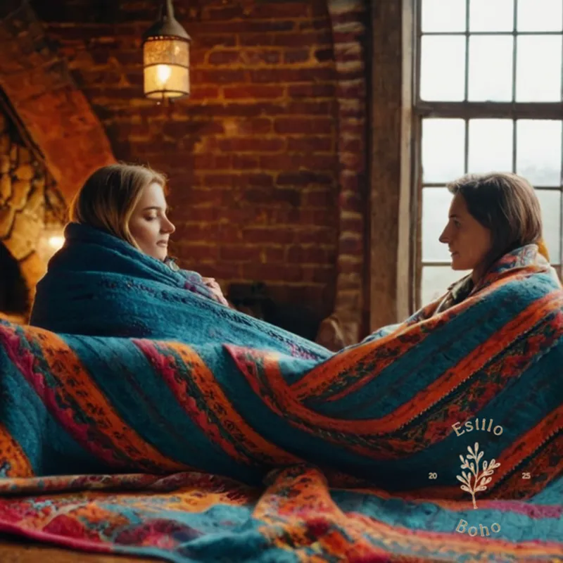 2 people snuggled up under a colorful bohemian throw blanket.