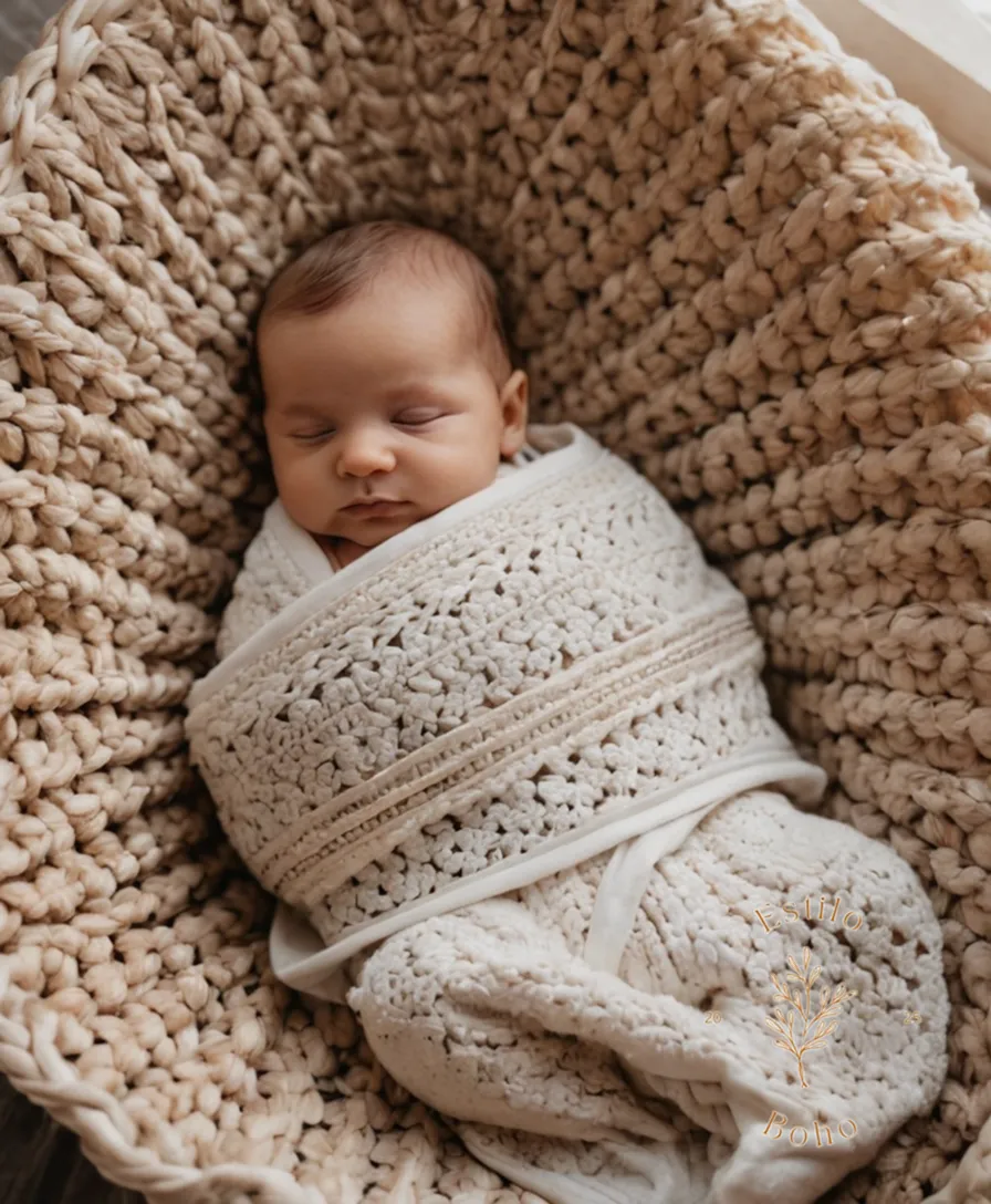 Neutral-toned bohemian baby blankets in soft, cozy folds.