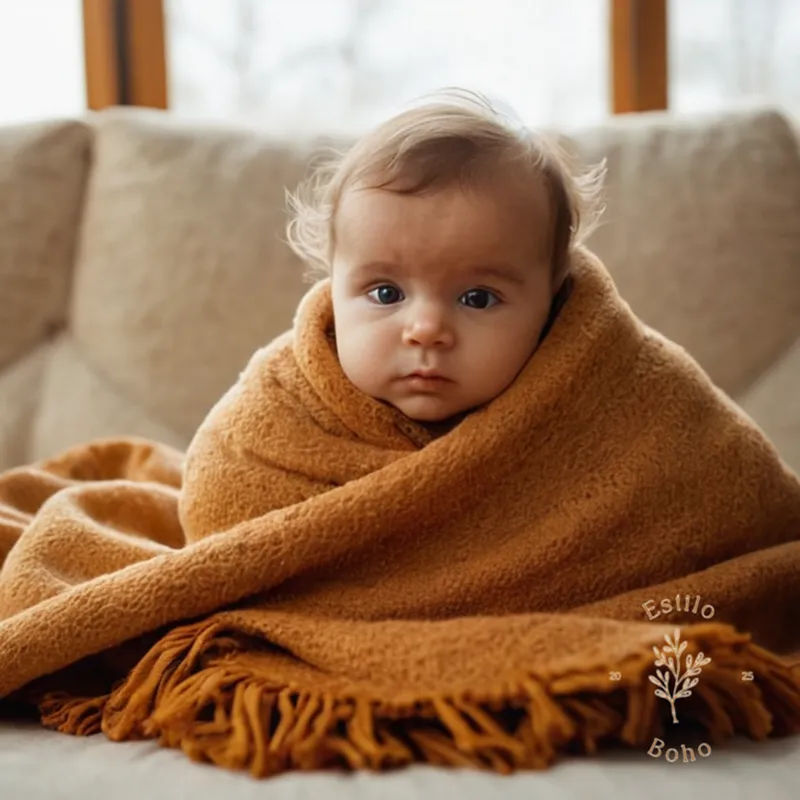 A cuddly baby wrapped in a fringed blanket.