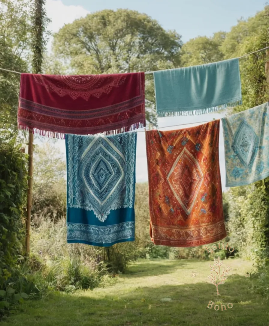 2 soft, colorful boho chic blankets on a washing line.