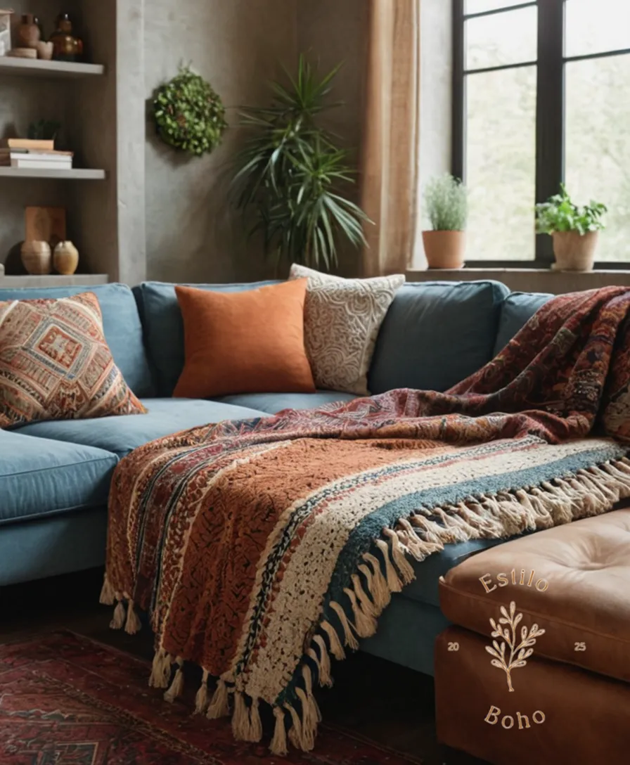 4-5 bohemian-inspired throw blankets and pillows in a cozy living room setting.