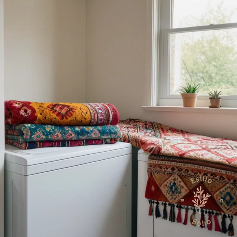 2 bohemian throw blankets on a washer dryer setting.