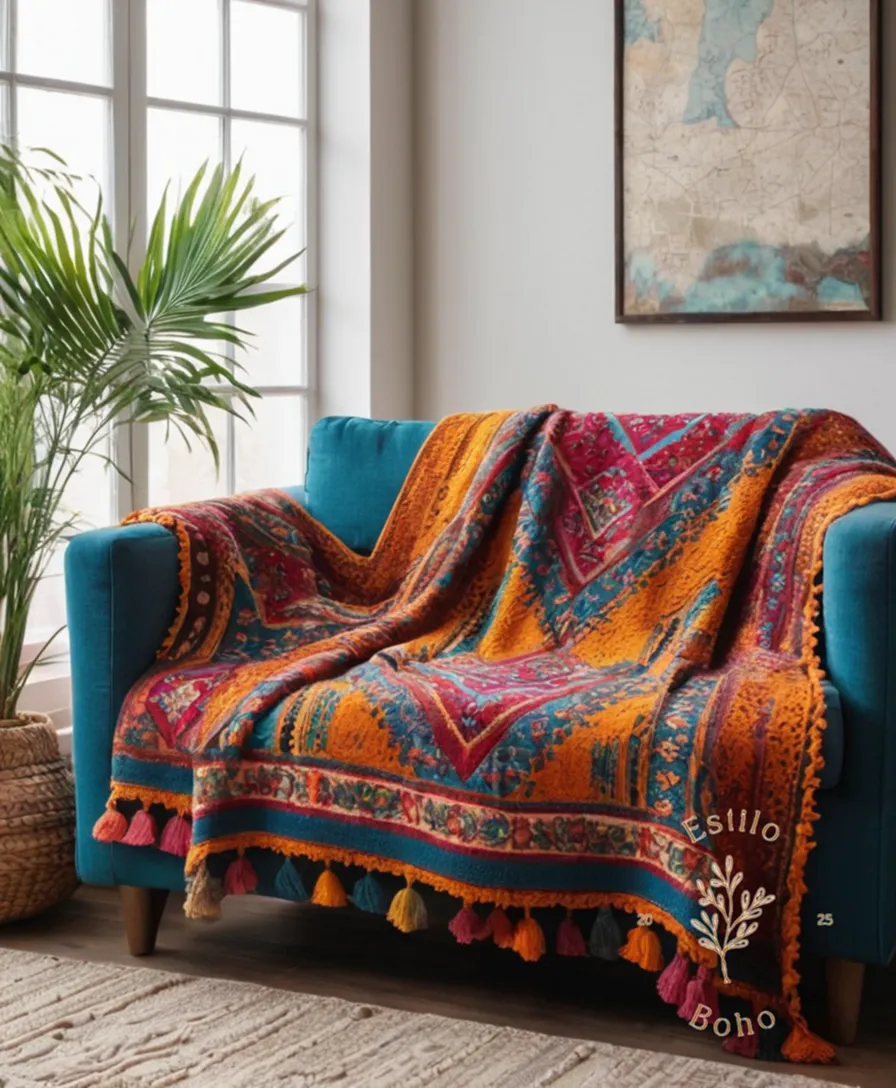 A large, colorful bohemian throw blanket on a small sofa.