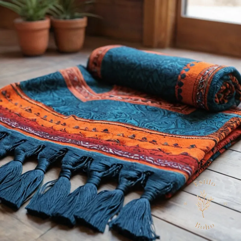 Close-up of tangled bohemian yoga blanket with long tassels.