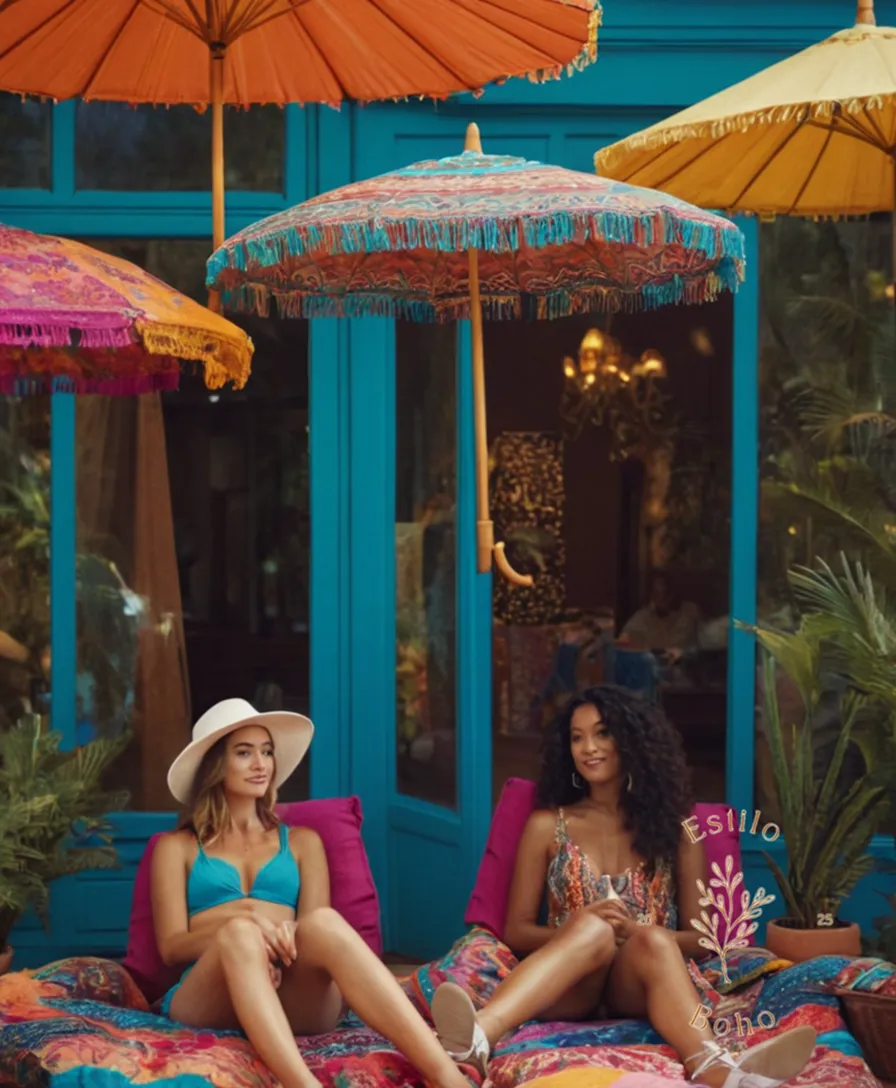 2 people lounging under colorful, vibrant bohemian-inspired fabric umbrellas.