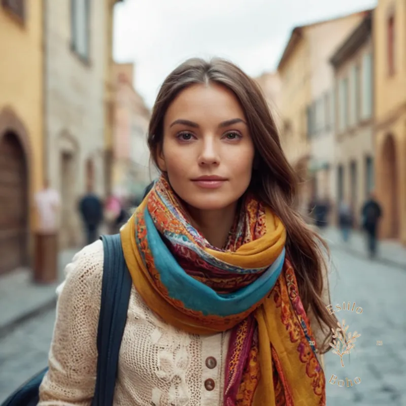 A laid-back traveler holding a colorful bohemian scarf.