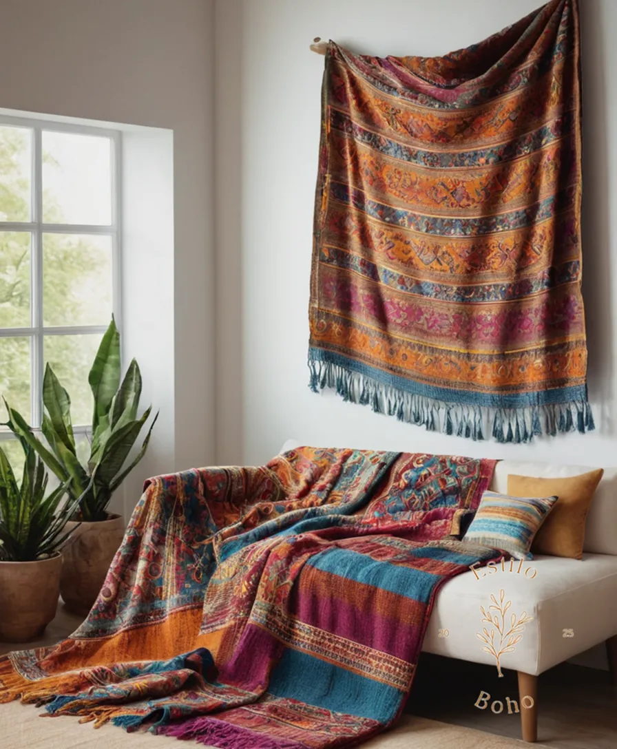 3-4 colorful, patterned bohemian blankets or throws on display.