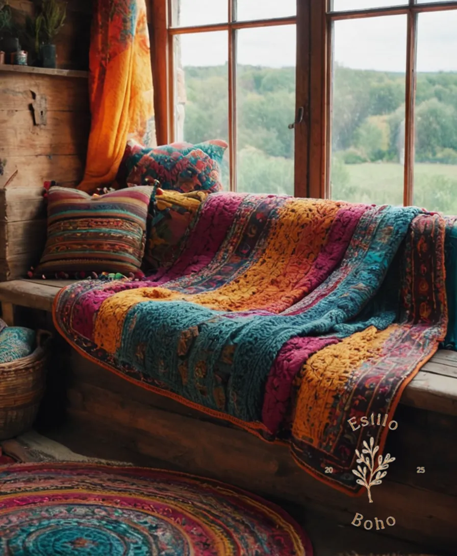 Colorful, eclectic blankets and throws in a bohemian style setting.