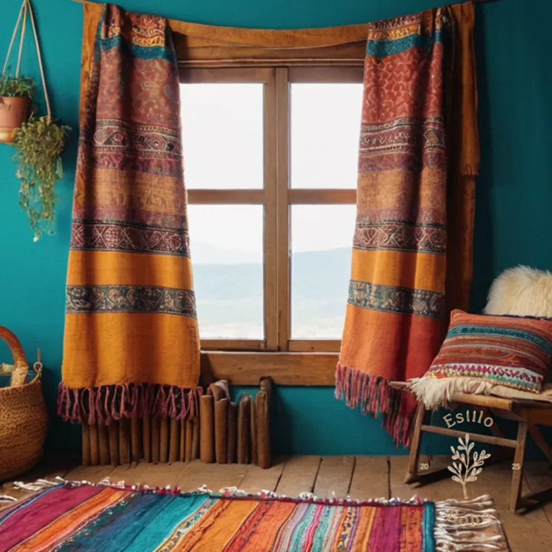 2-3 bohemian-style blankets displayed on a colorful, rustic textile backdrop.