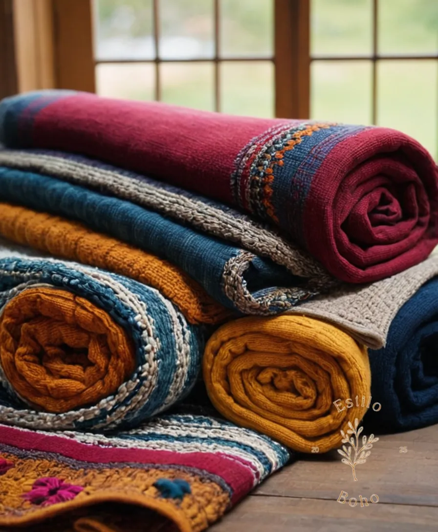 Colorful, handmade textiles such as blankets or throw rugs.