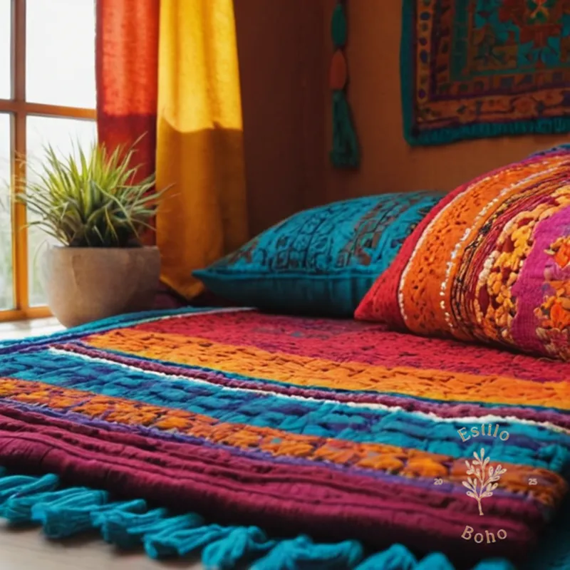 Vibrant, colorful bohemian blankets and mats on a decorative background.