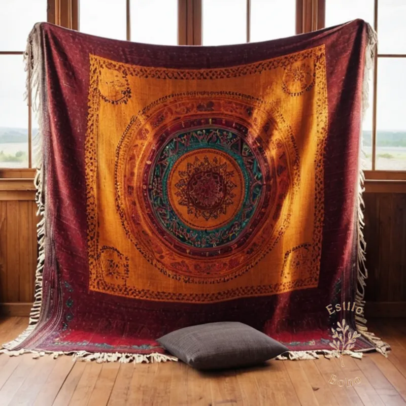 a beautiful handmade bohemian blanket on a natural backdrop.