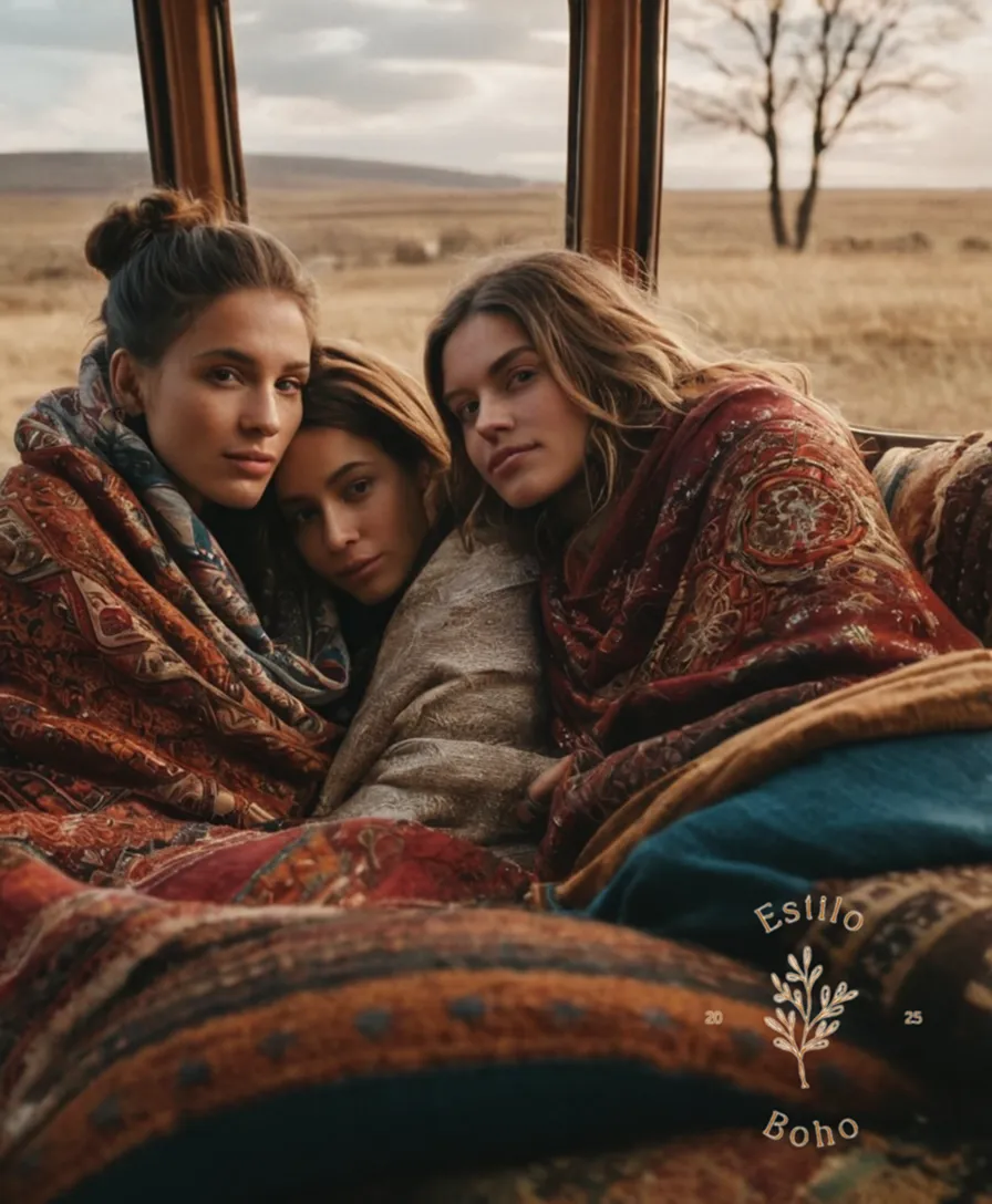 3-4 style-conscious individuals snuggled up under bohemian blankets.