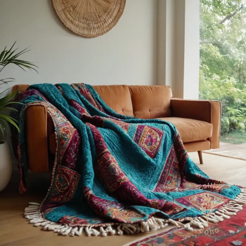 Bohemian-style eco-friendly throw blankets draped over plush sofas.