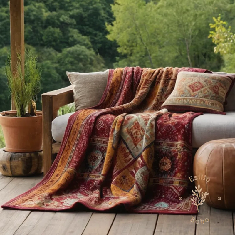 A bohemian-style throw blanket being gently hand-washed outdoors with a natural backdrop.