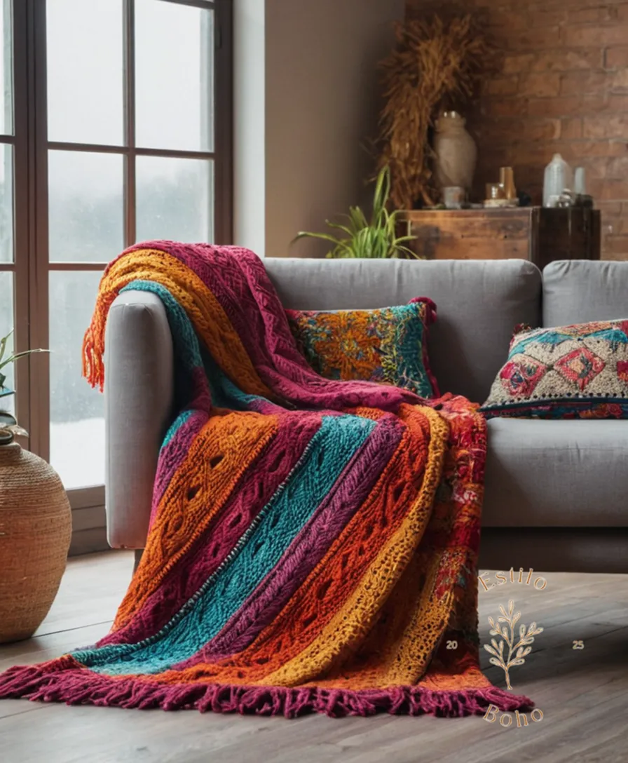 A colorful, eclectic array of boho-chic throw blankets in various settings.