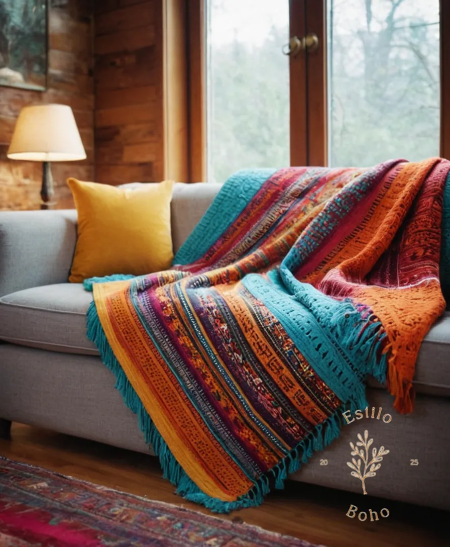 2-3 colorful, bohemian blankets on a couch or bed.