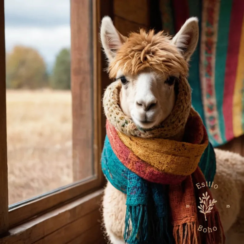A serene alpaca wrapped in colorful, soft-looking boho-chic scarf.