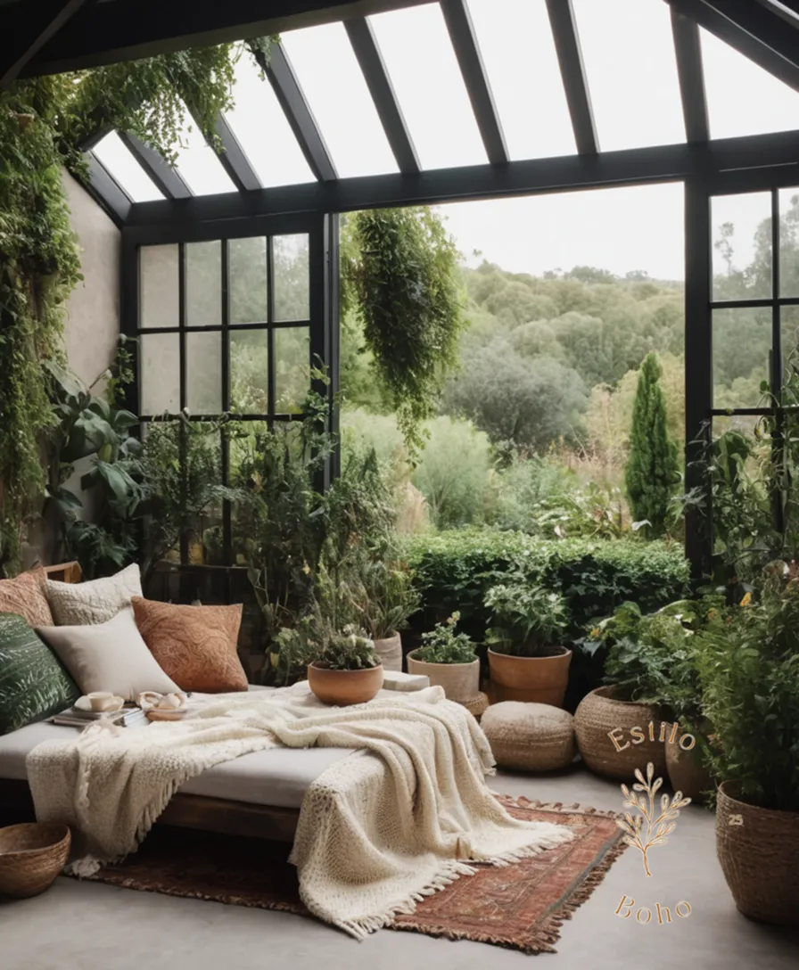 A bohemian-inspired garden with lush greenery and Merino blankets draped tastefully.