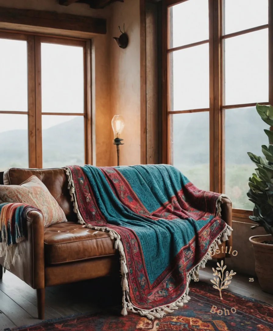 A stunning bohemian throw blanket draped on a sofa.