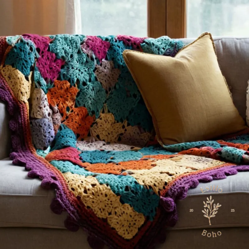 A beautifully crocheted bohemian throw blanket on a cozy sofa.