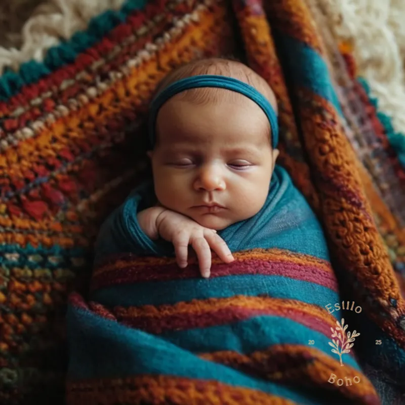 A newborn baby wrapped in a colorful bohemian blanket.