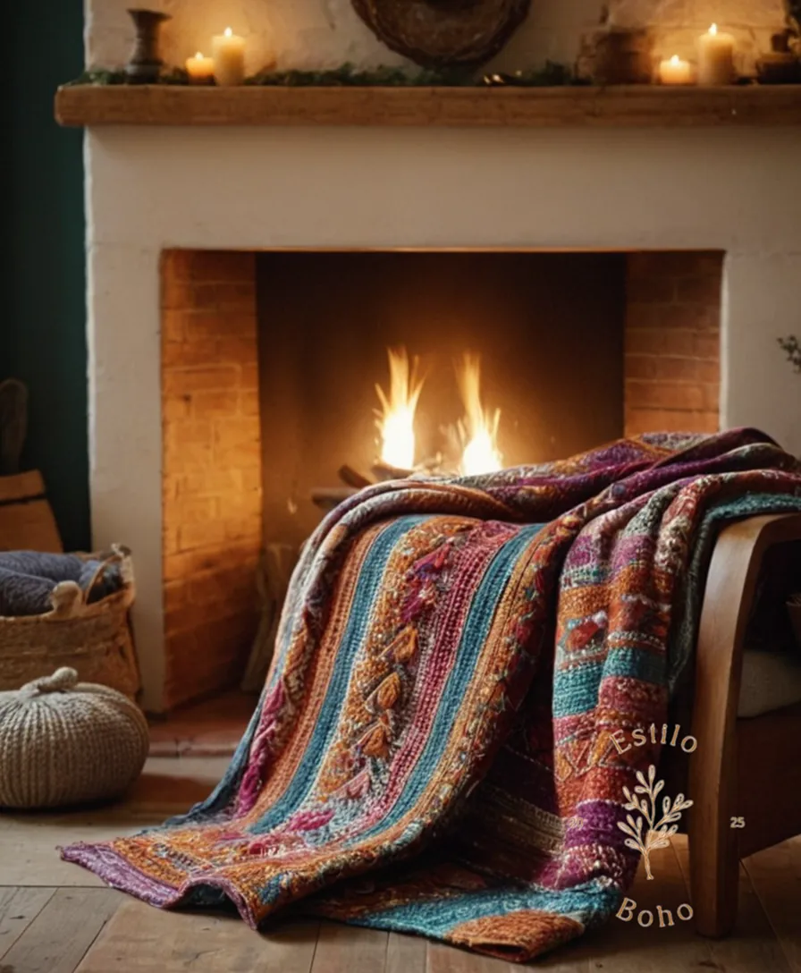 2-3 stylish, handmade bohemian blankets in front of a warm fireplace interior.