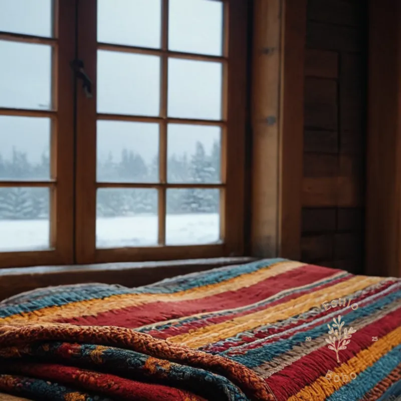 A hand-woven blanket in warm winter setting.