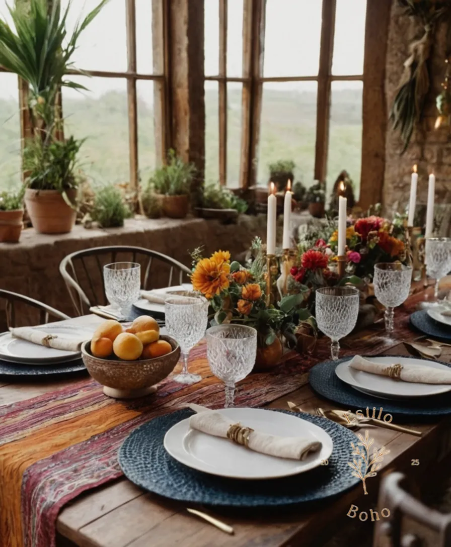 A bohemian-style table setting with organic, eclectic table runners.