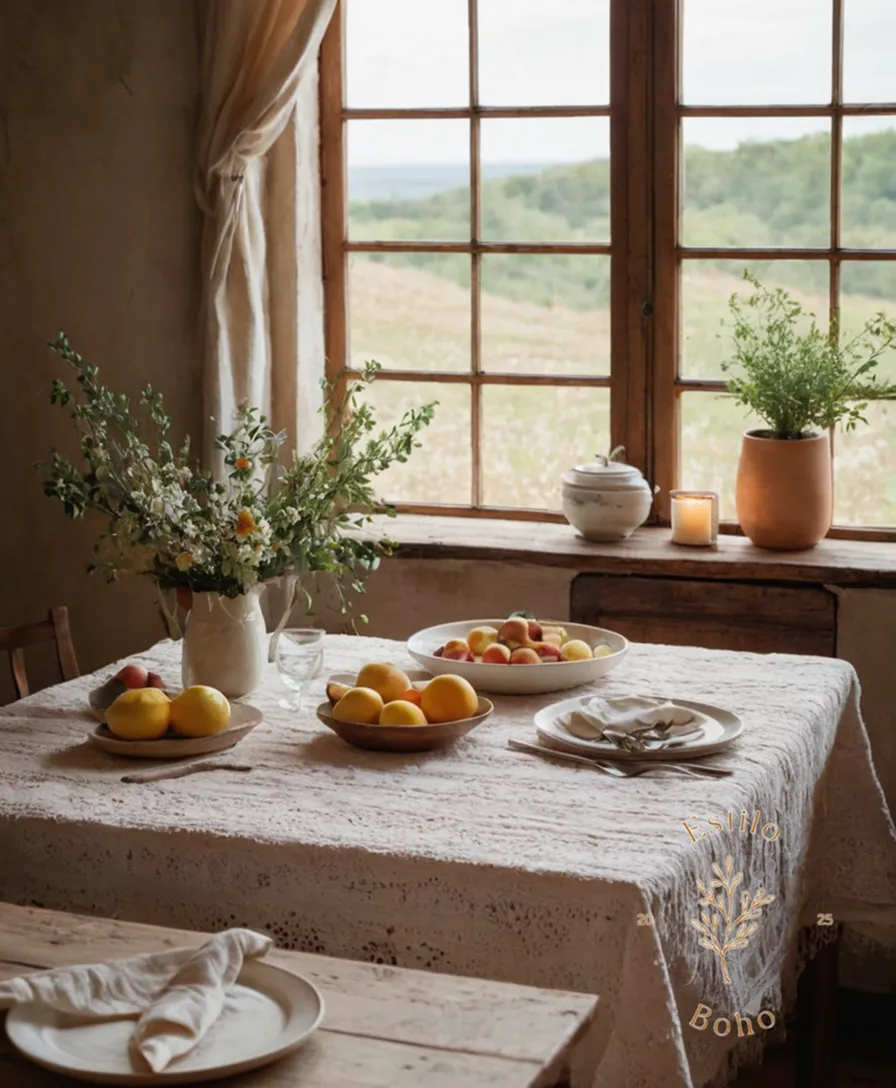 A soft, organic cotton tablecloth on a bohemian-style setting.