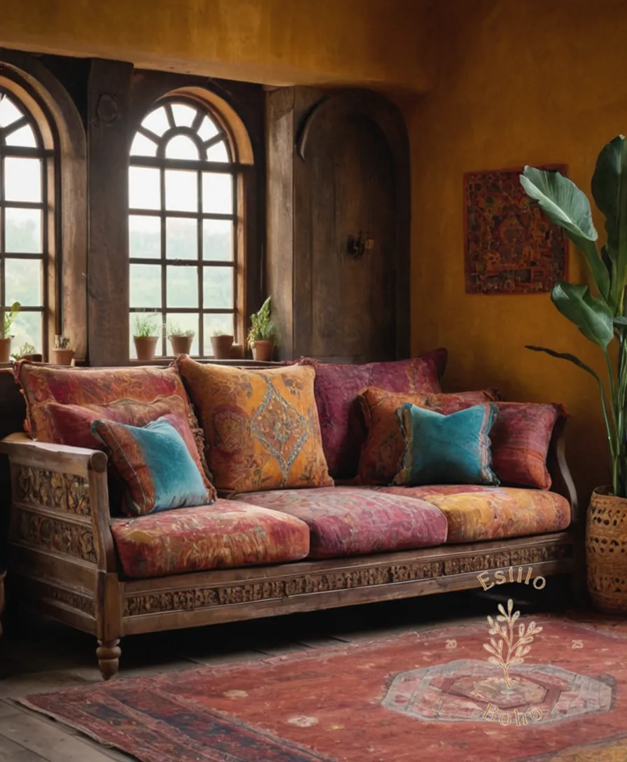 A bohemian-inspired couch with minor stains and scratches.