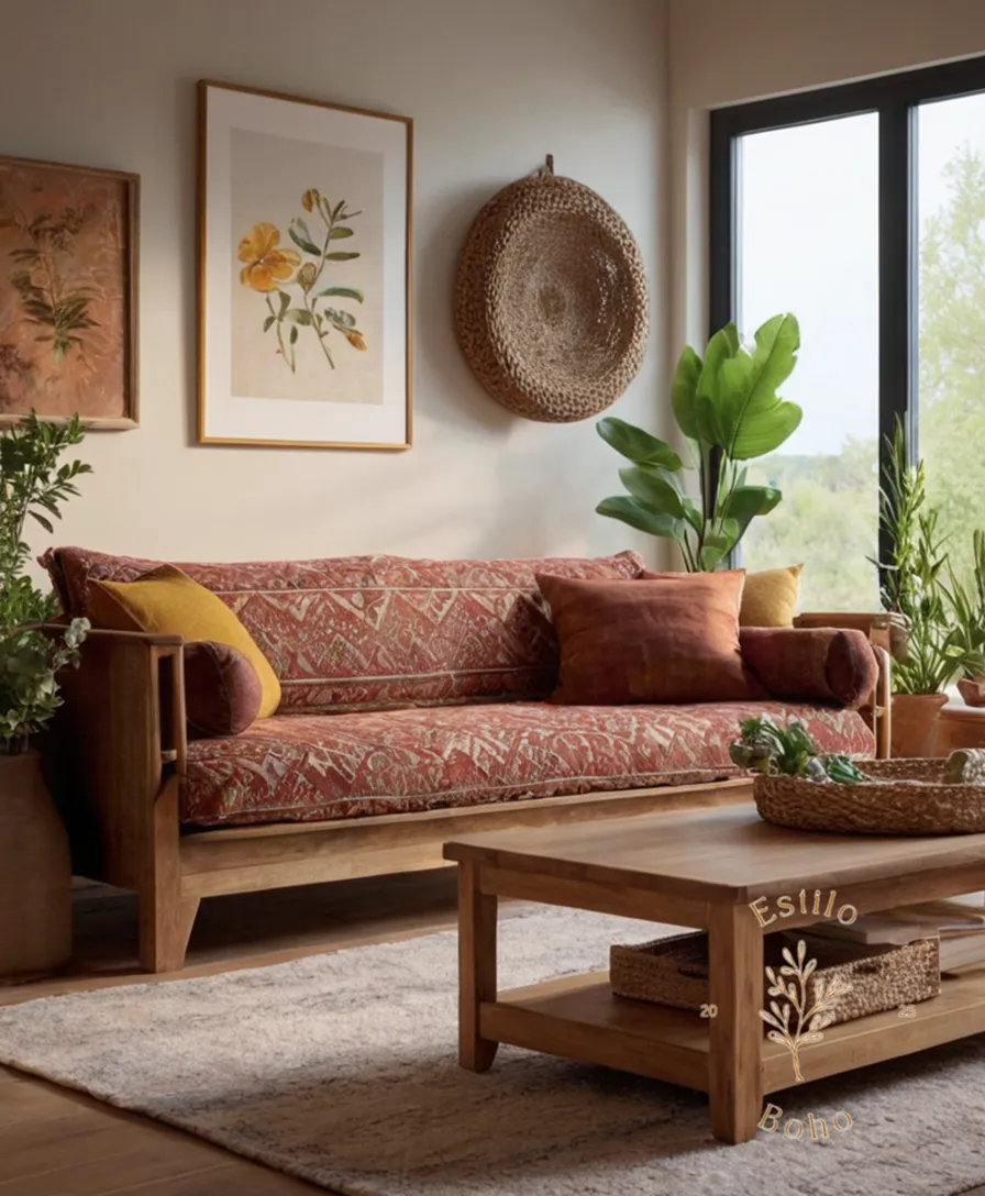 4-6 boho-chic furniture pieces arranged in a cozy living space.