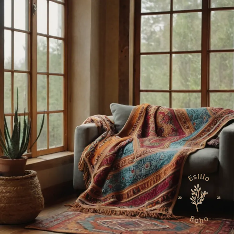 A bohemian-style throw blanket in a cozy, natural setting.