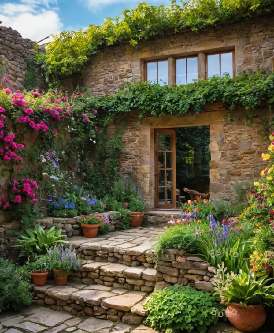 vibrant plants sprawling over rustic garden walls and stones.