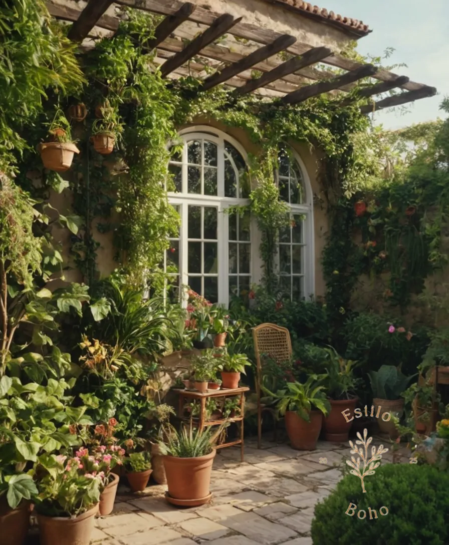 A lush, thriving bohemian garden with trellises and climbing plants.